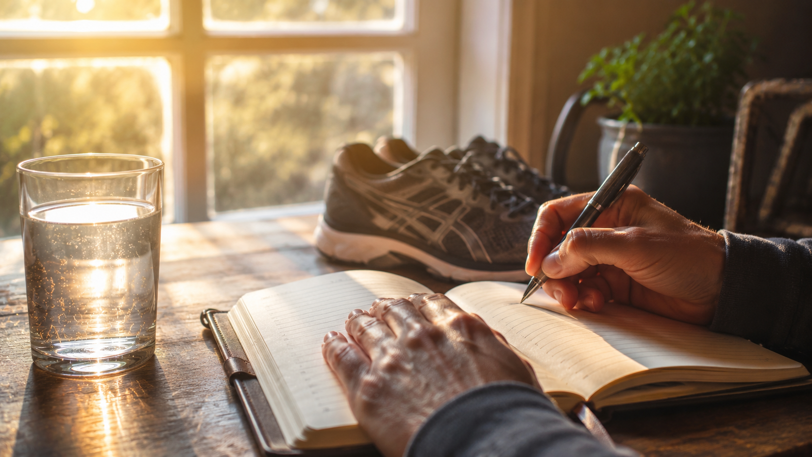 Journal and running shoes representing a health reset routine. Journal and running shoes representing a health reset routine.