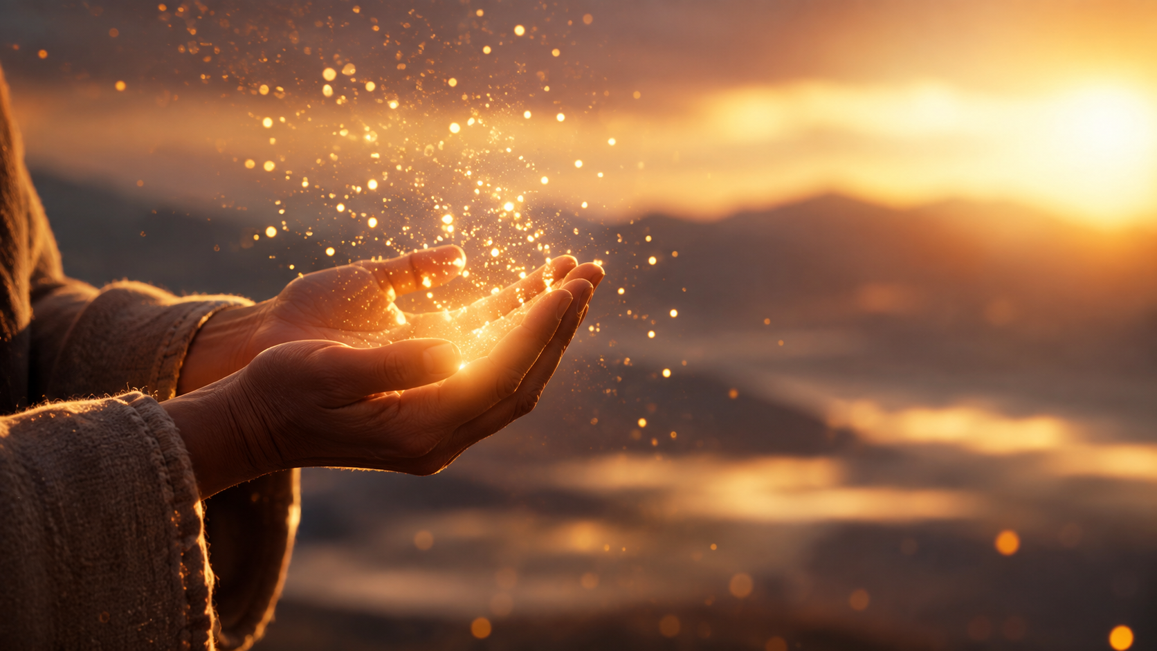Golden light particles releasing at sunrise symbolizing letting go of limiting beliefs Golden light particles releasing at sunrise symbolizing letting go of limiting beliefs