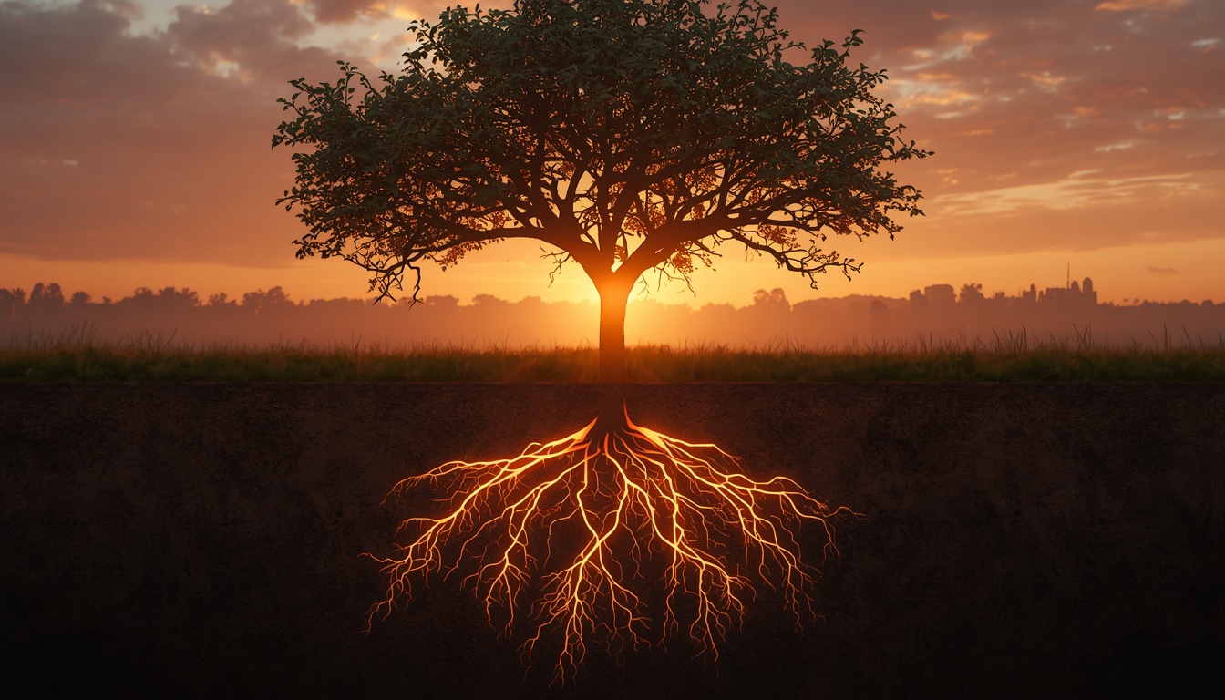 Tree with glowing roots symbolizing subconscious programming beneath behavior Tree with glowing roots symbolizing subconscious programming beneath behavior
