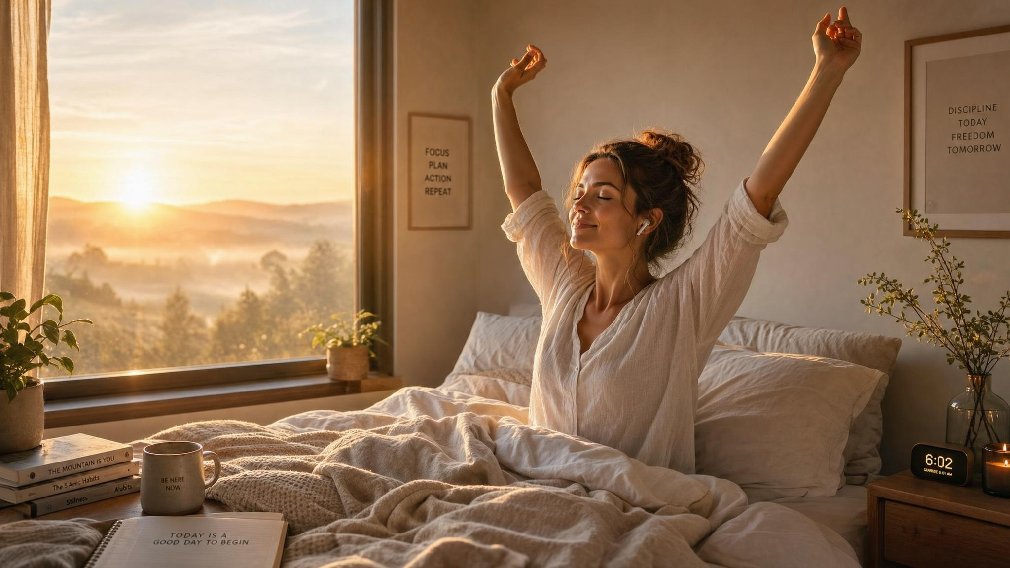 Person waking up mindfully during theta state for morning movement practice Person waking up mindfully during theta state for morning movement practice