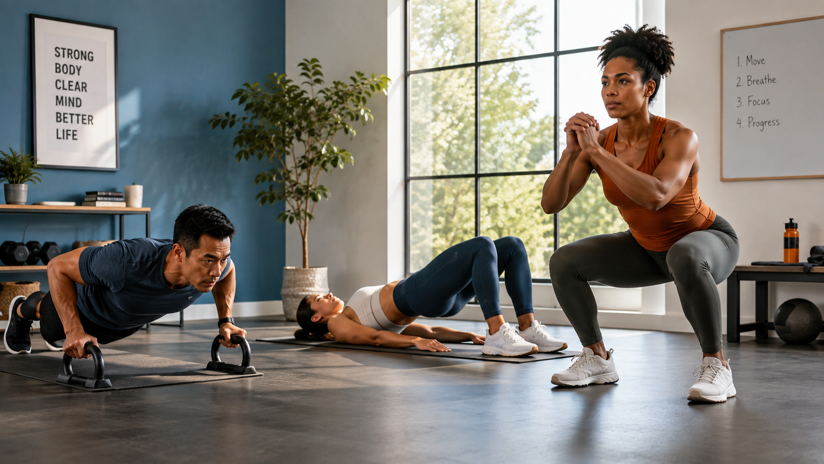 Multiple people performing various bodyweight exercises for strength and mobility Multiple people performing various bodyweight exercises for strength and mobility