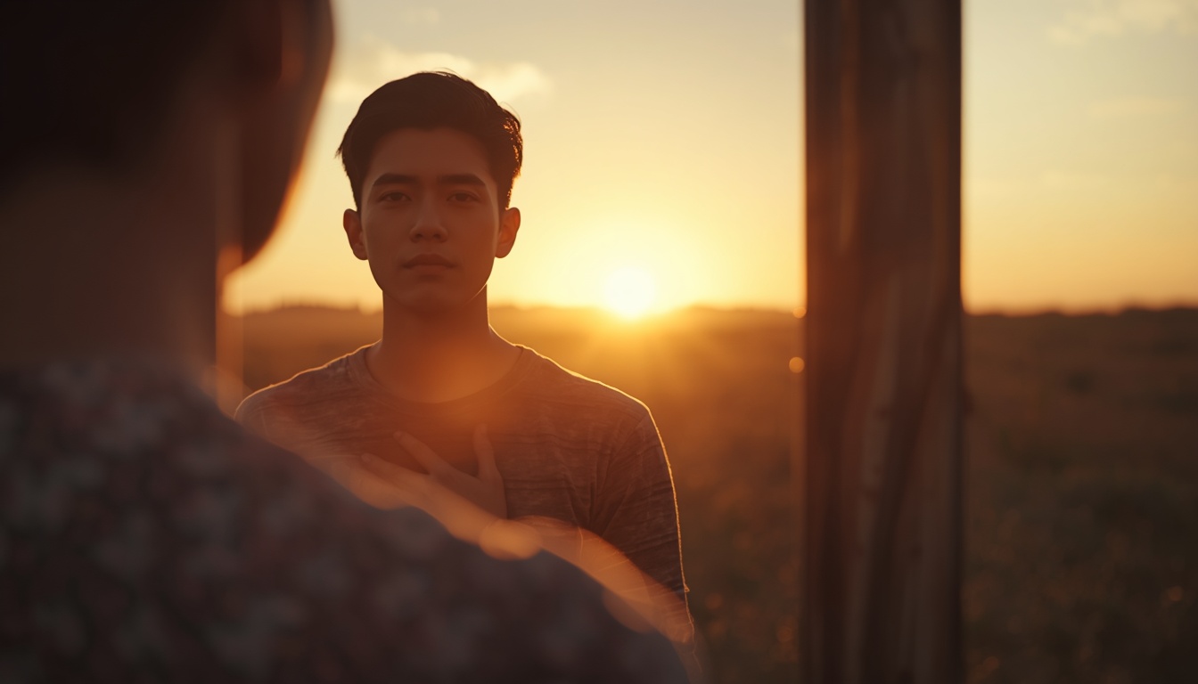 Person standing before a mirror at sunrise, representing the moment of choosing self-loyalty.