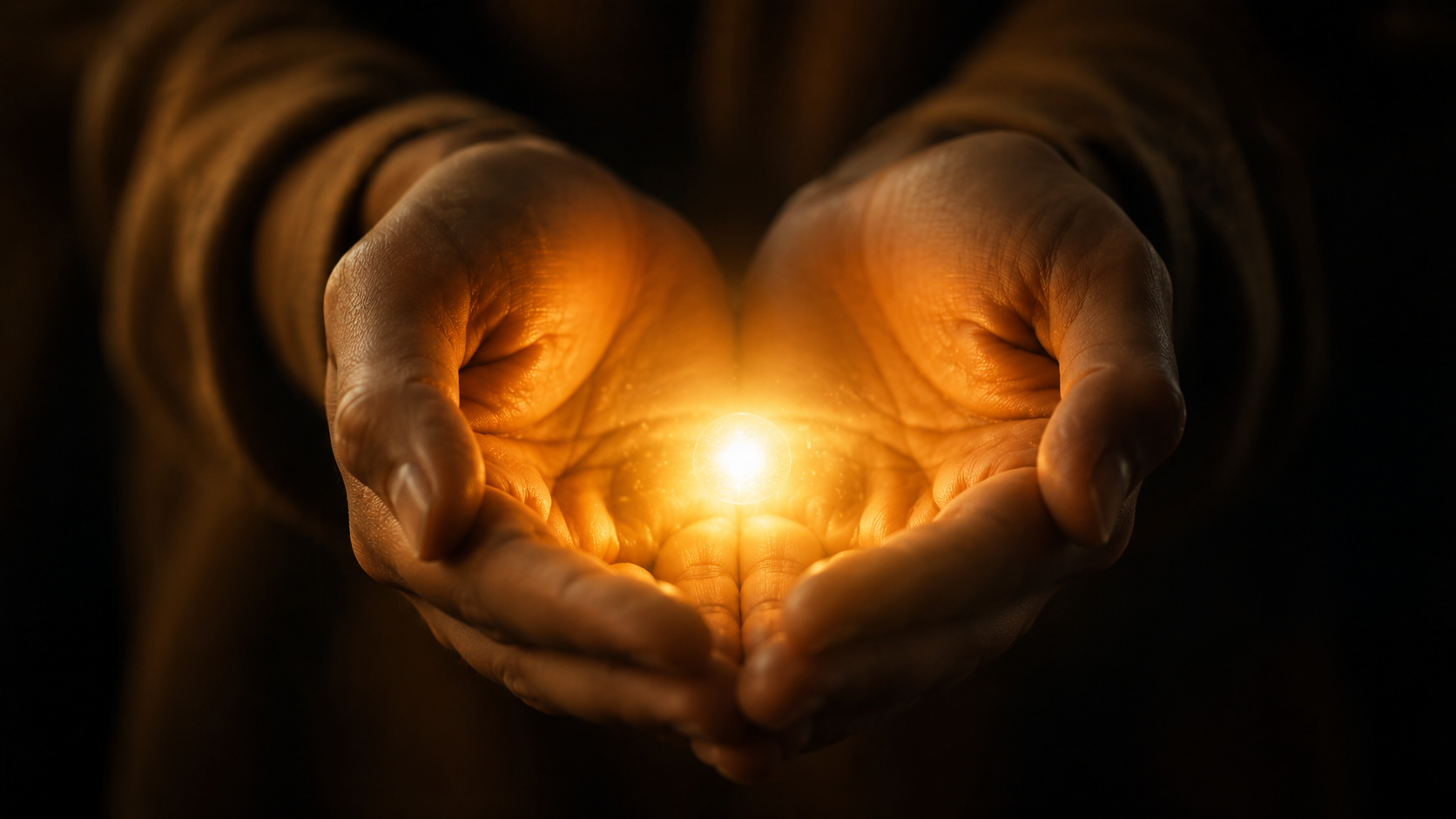 Hands cradling a small glowing light, representing self-love and inner worth.