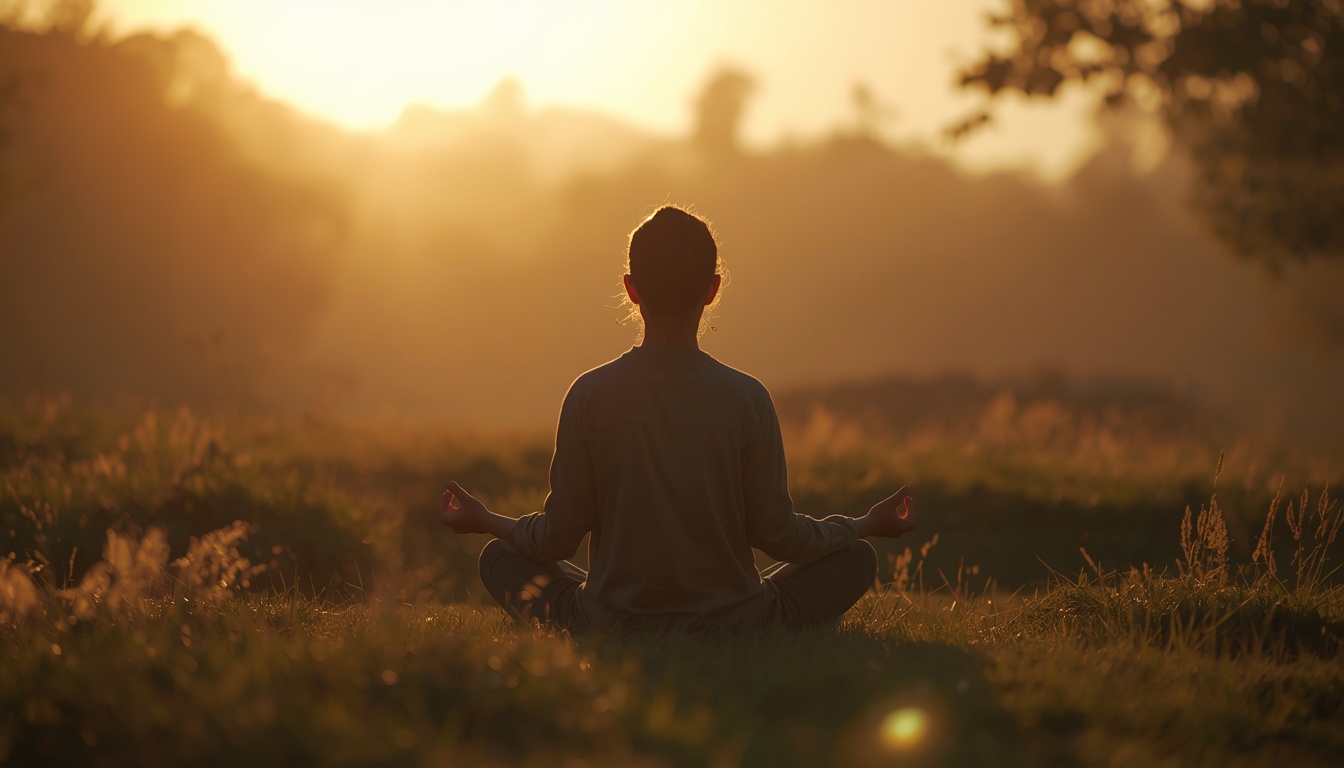 Peaceful morning scene with person meditating or journaling in soft dawn light, theta state visualization, photorealistic 16:9, calm and receptive atmosphere.