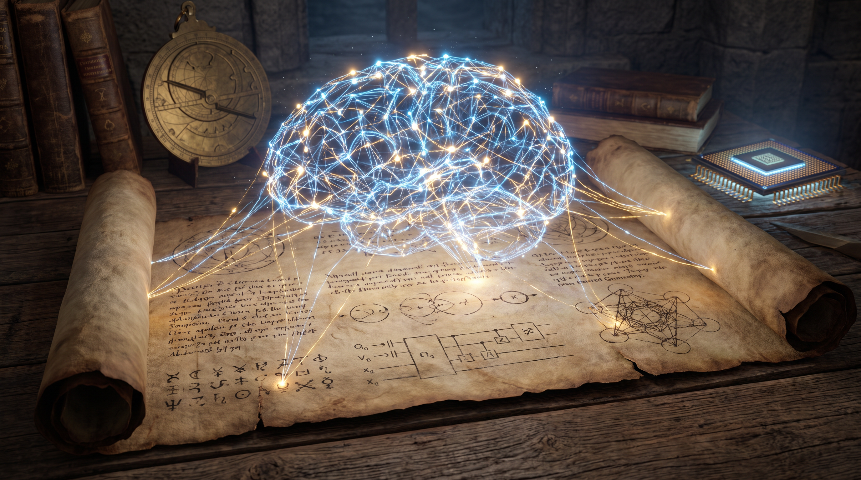Neural network overlaying ancient scroll symbolizing science and mysticism convergence.