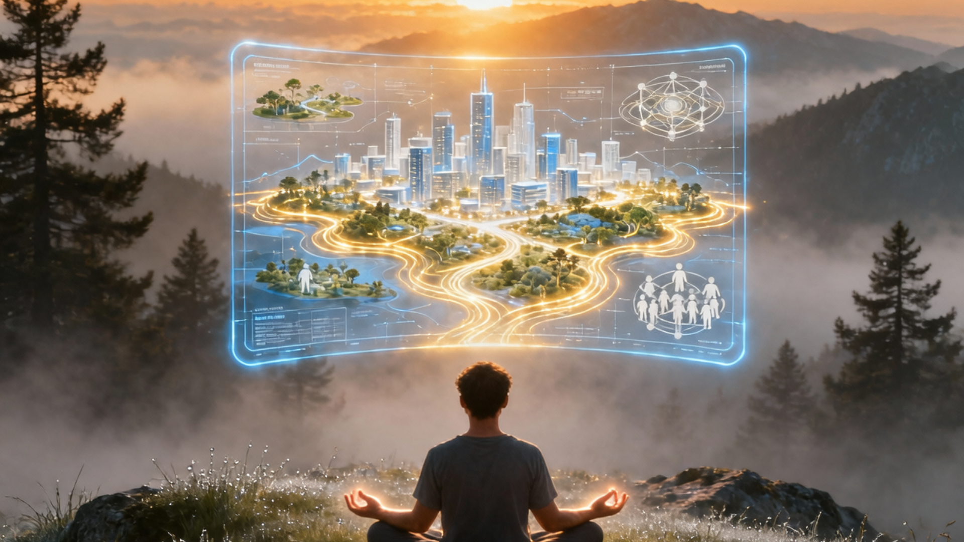 Morning meditation with holographic future blueprint representing theta state reprogramming.