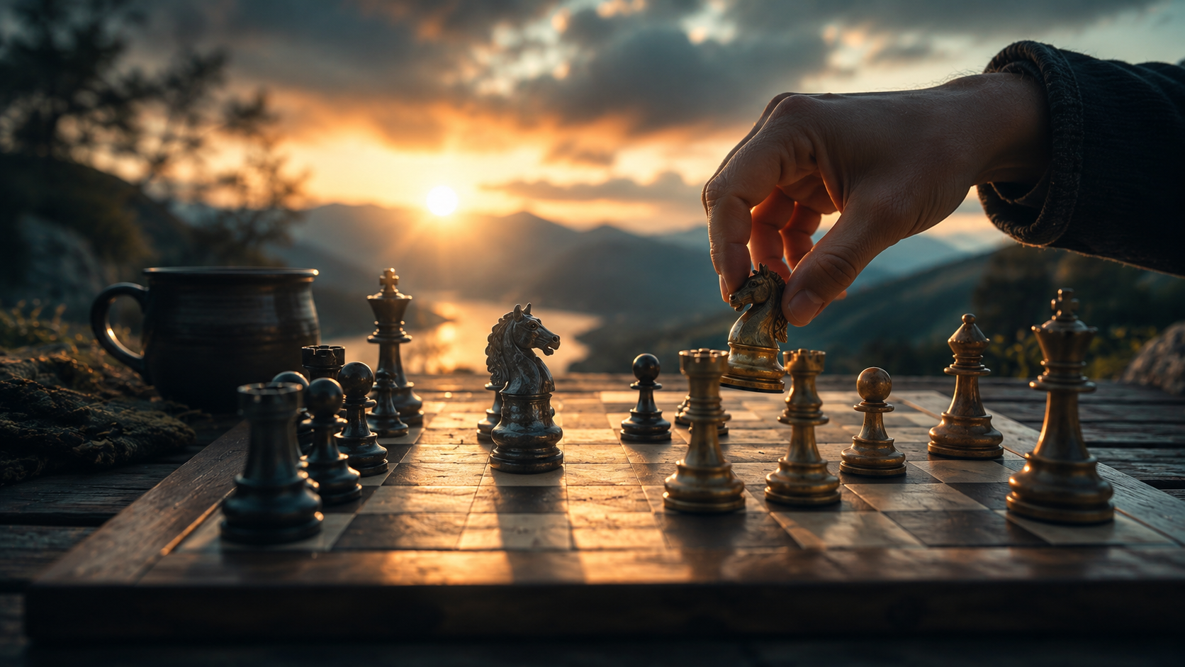 Hand moving a chess piece at dawn representing deliberate choice within a challenging season.