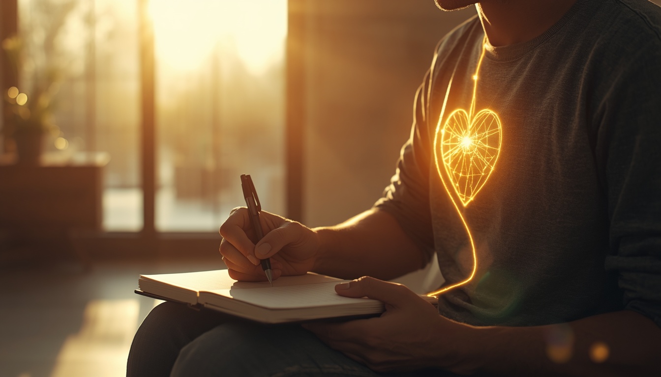 Person journaling with a glowing golden thread connecting pen to heart for conscious reprogramming.