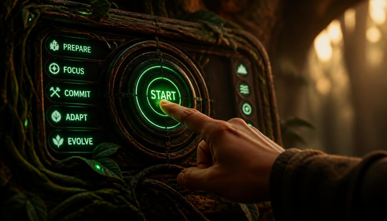 Hand pressing start on organic control panel symbolizing deliberate action on life's next quest.