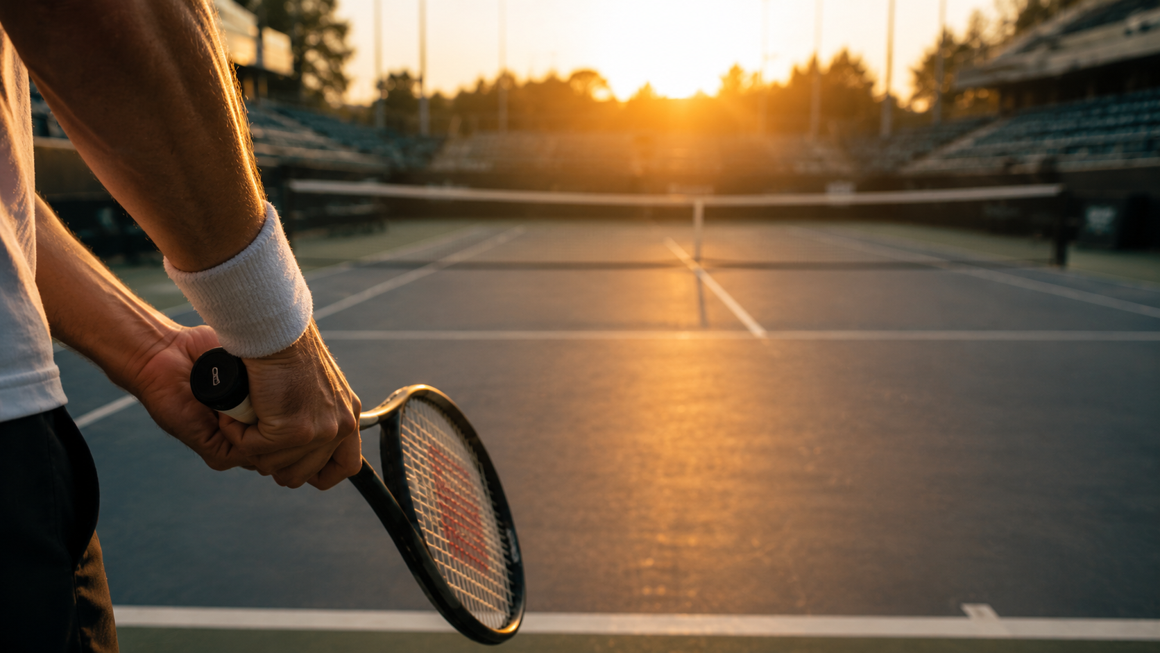 Hands gripping a racket at sunrise, symbolizing preparation and building self-belief