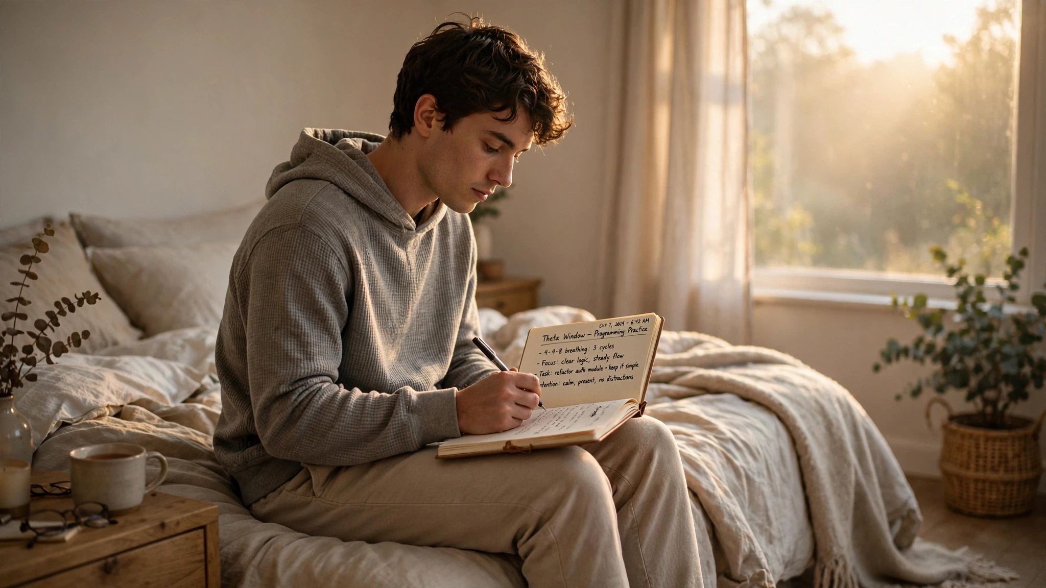Person journaling in morning light during theta window for neural reprogramming
