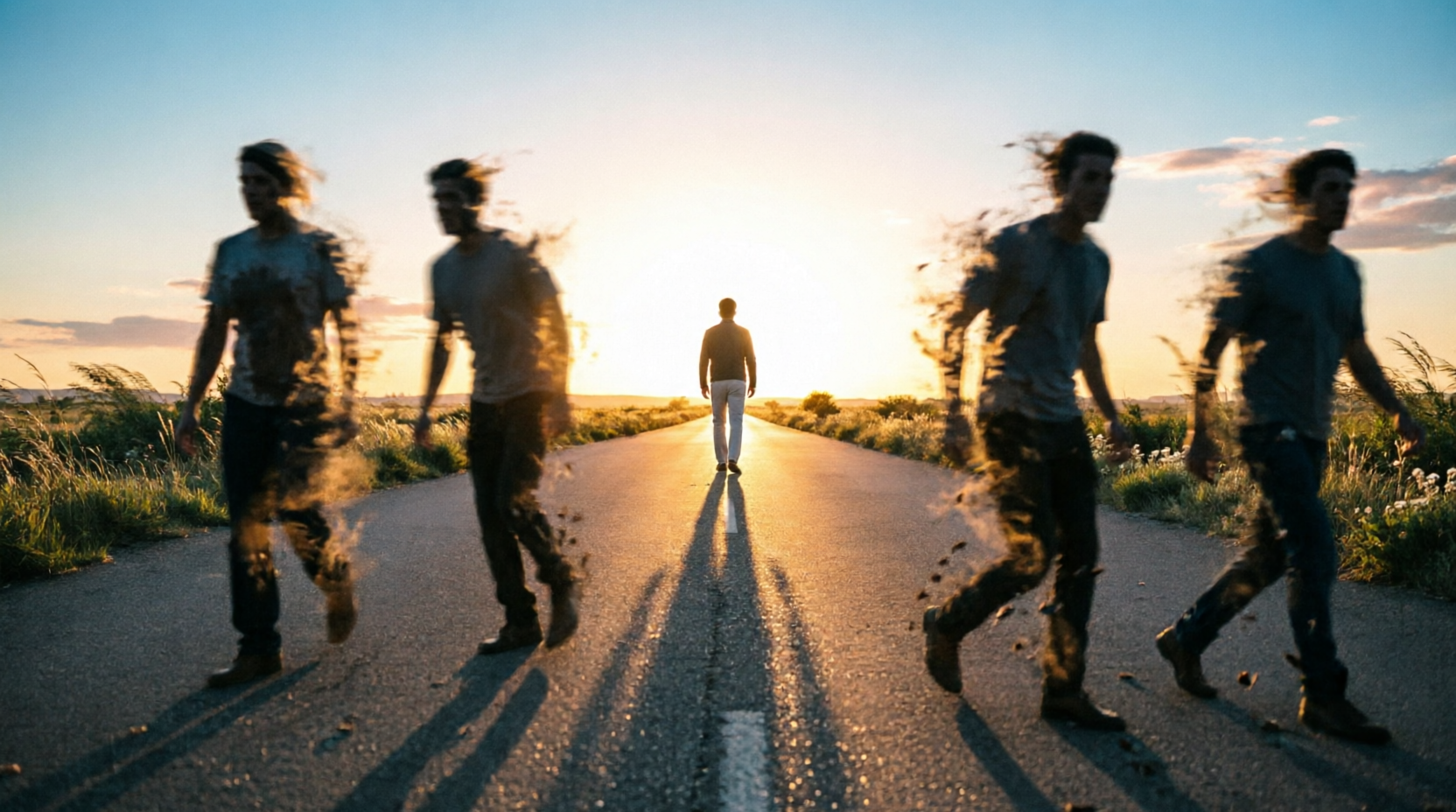 Person walking confidently toward bright horizon leaving fear behind, representing next move toward growth