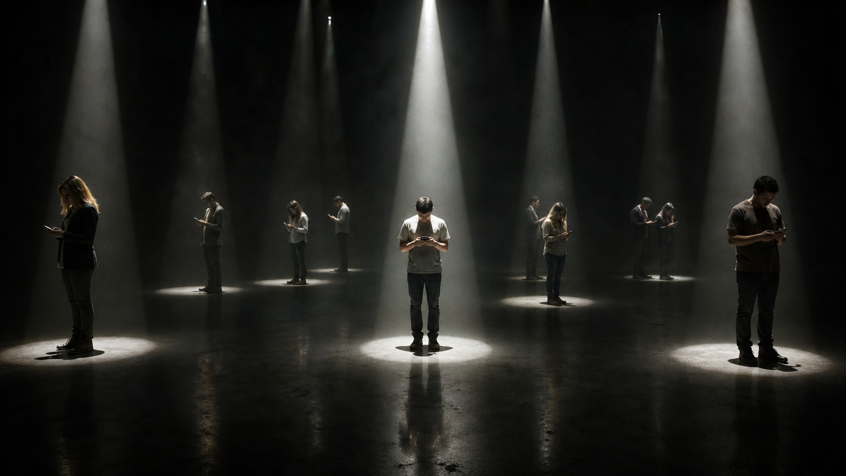 Multiple people each under their own spotlight illustrating the spotlight effect psychological phenomenon
