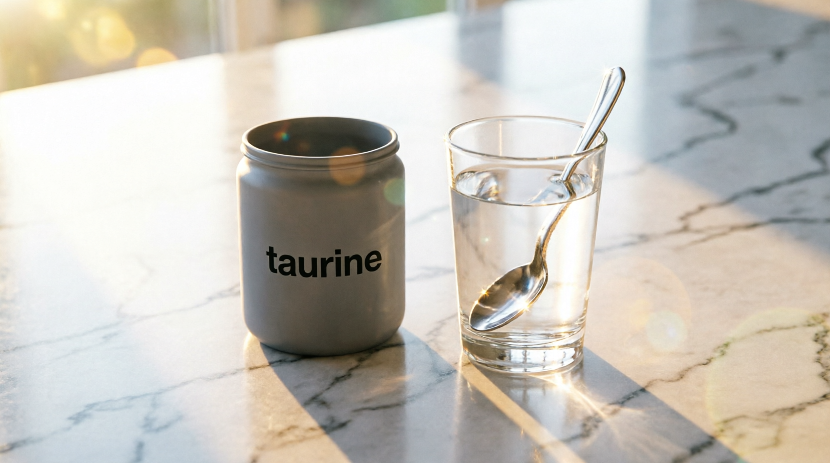 Jar of crystalline taurine powder beside a glass of water in morning light
