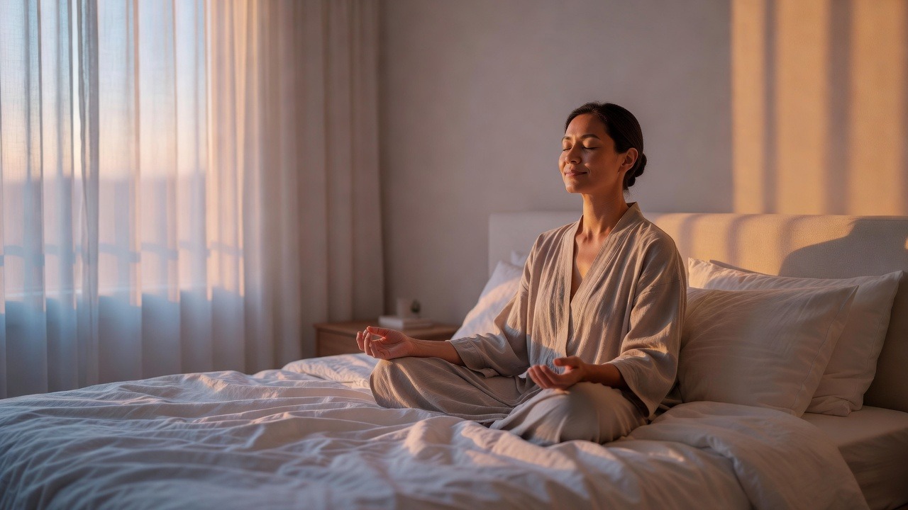 Person practicing morning theta state meditation for mindset reprogramming Person practicing morning theta state meditation for mindset reprogramming