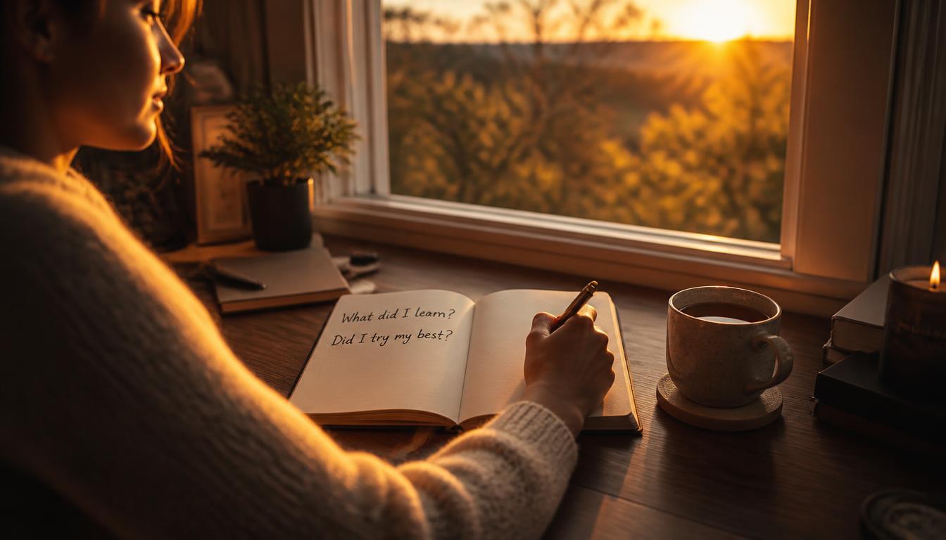 Person journaling at sunset practicing the two daily questions for growth Person journaling at sunset practicing the two daily questions for growth