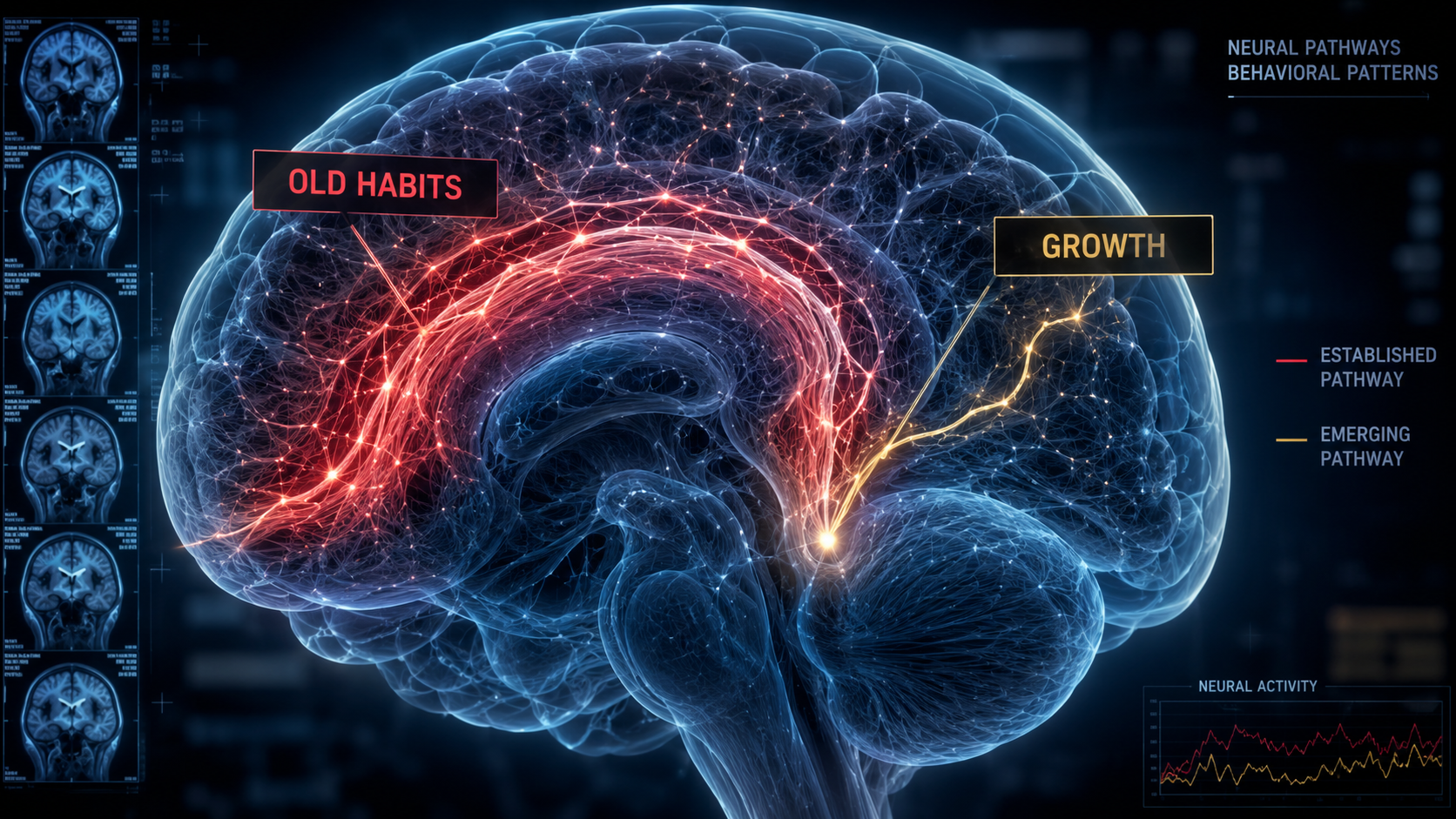Brain neural pathways showing old habits versus new growth patterns Brain neural pathways showing old habits versus new growth patterns