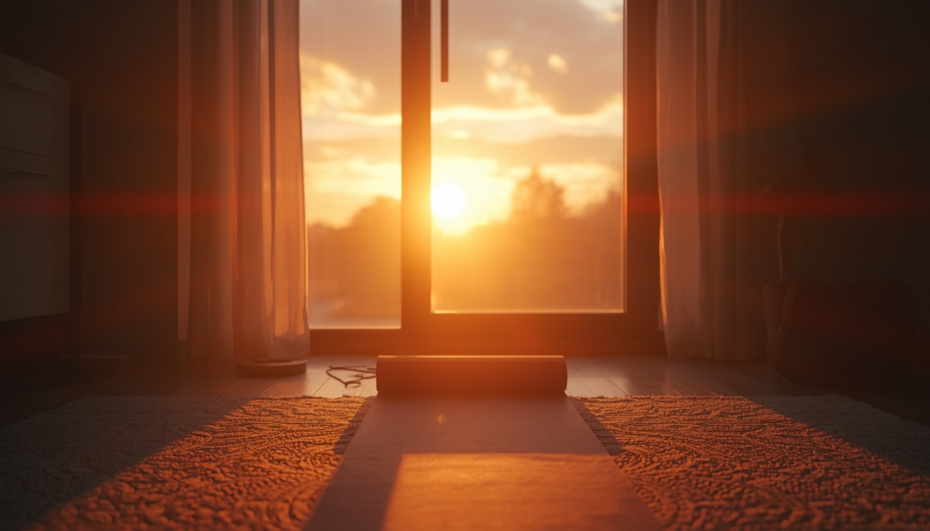 Morning sunrise and yoga mat ready for theta state practice