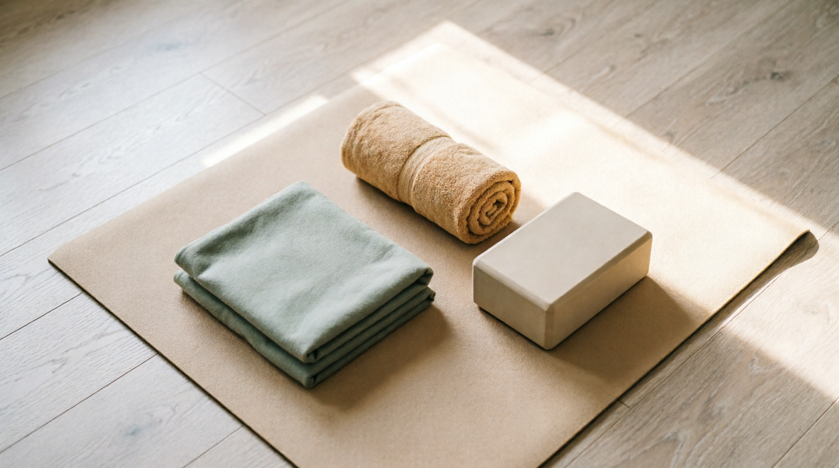 Simple yoga props for grounded practice—blanket, block, and towel