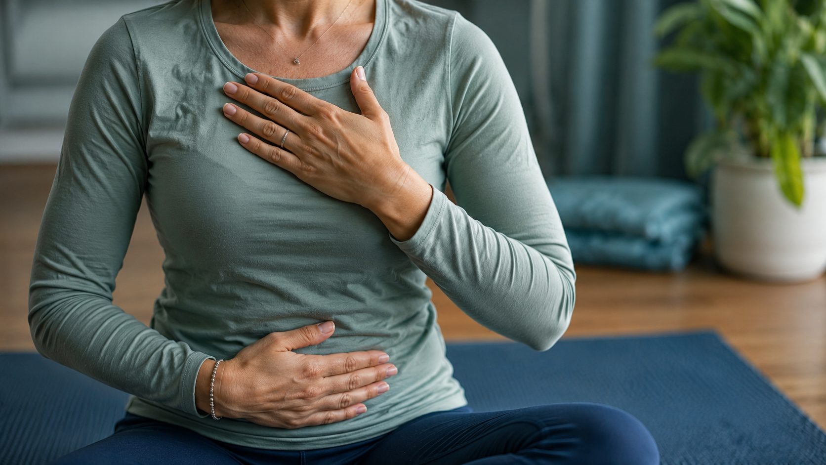 Hands on heart and belly during grounding breathwork practice