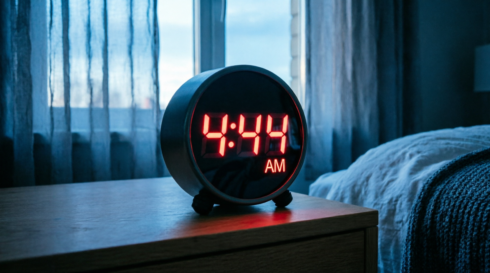Alarm clock reading 4:44 AM in soft morning light, marking the daily upgrade window.