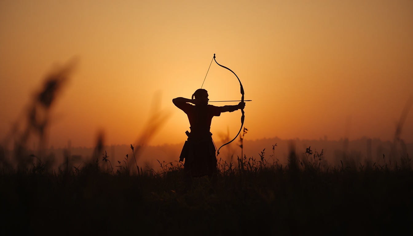  Silhouette of an archer at dawn focused on the bow rather than the distant target, representing process over outcome