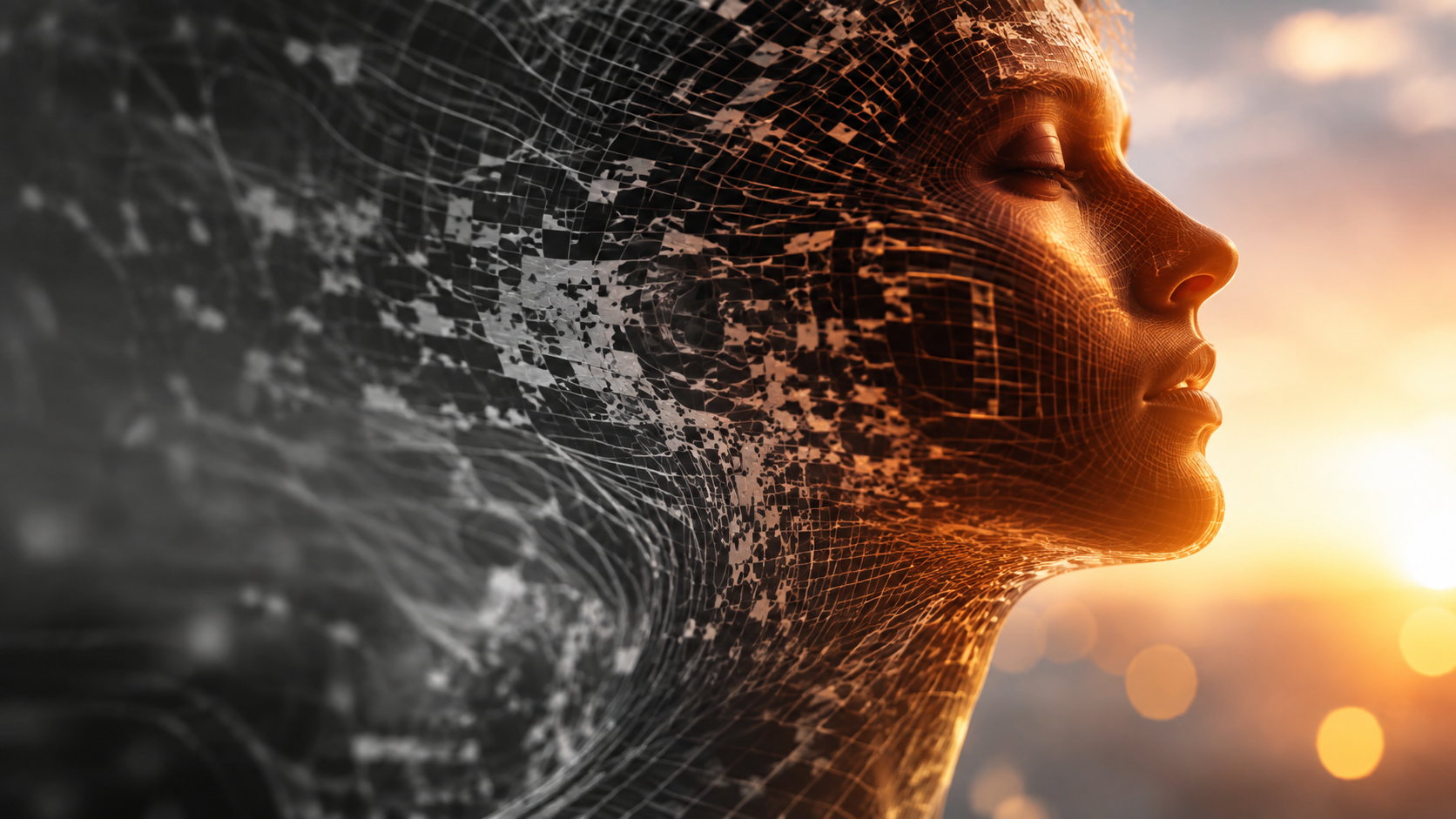 Silhouette merging with a grid pattern that shifts from grayscale to color, representing the brain's power to change perception