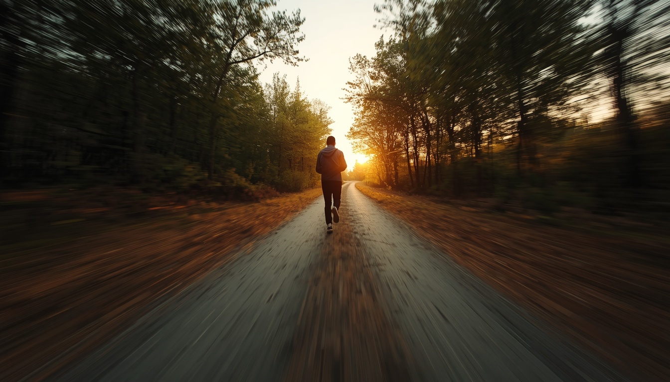 A person walking forward on a quiet dawn trail, motion blurred at the edges to suggest forward momentum