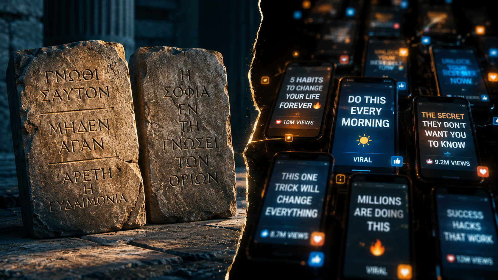 Ancient Stoic wisdom contrasting with modern internet advice Ancient Stoic wisdom contrasting with modern internet advice