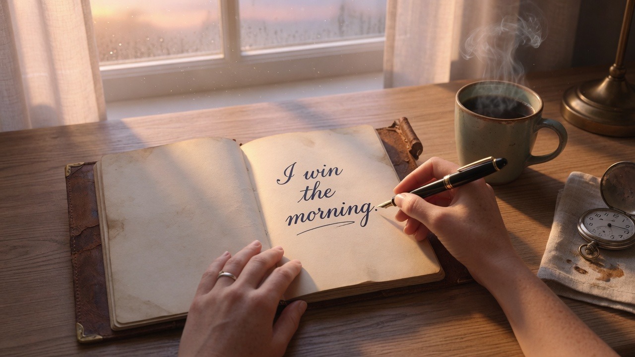 Person writing morning intentions in journal at sunrise Person writing morning intentions in journal at sunrise