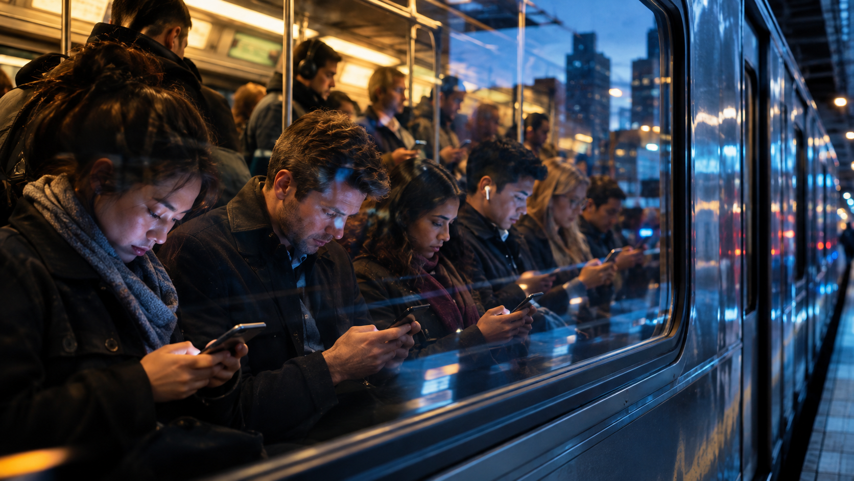 Commuters on a train all looking down at their phones, nobody looking up. Commuters on a train all looking down at their phones, nobody looking up.