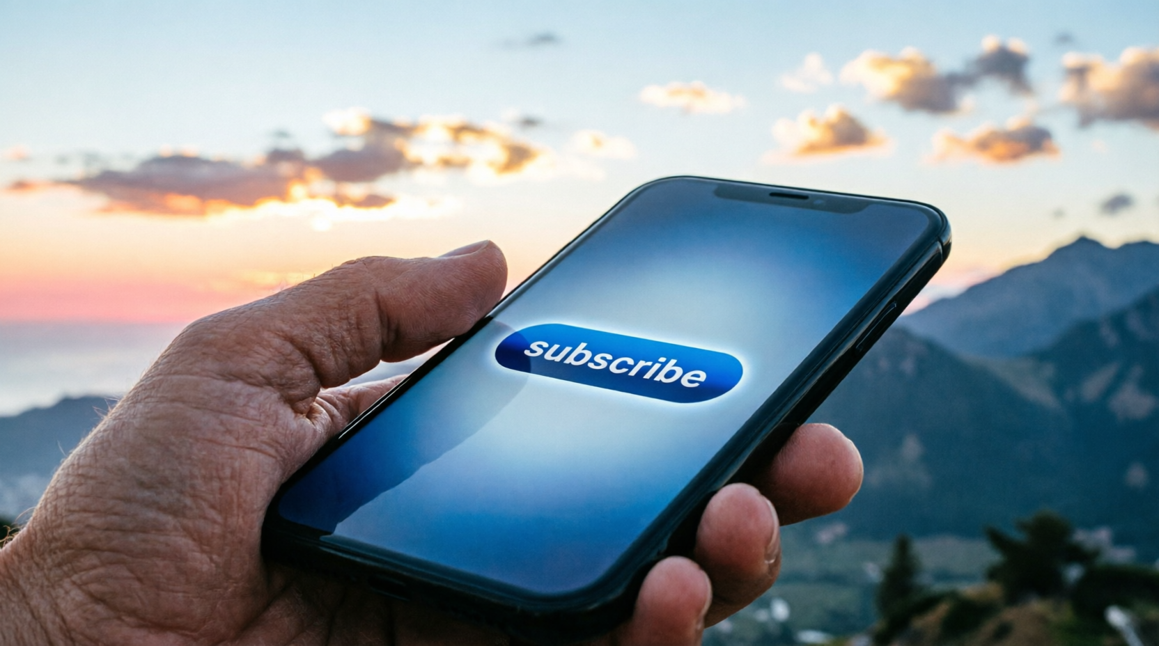 Hand pressing subscribe on a smartphone with a peaceful sunrise background. Hand pressing subscribe on a smartphone with a peaceful sunrise background.