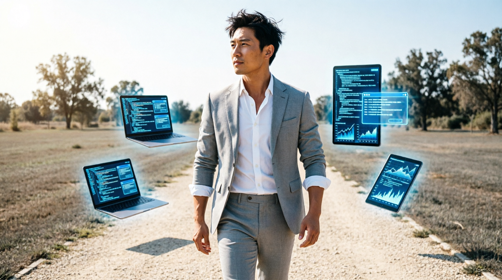 Person walking confidently on a sunlit path leaving digital clutter behind. Person walking confidently on a sunlit path leaving digital clutter behind.