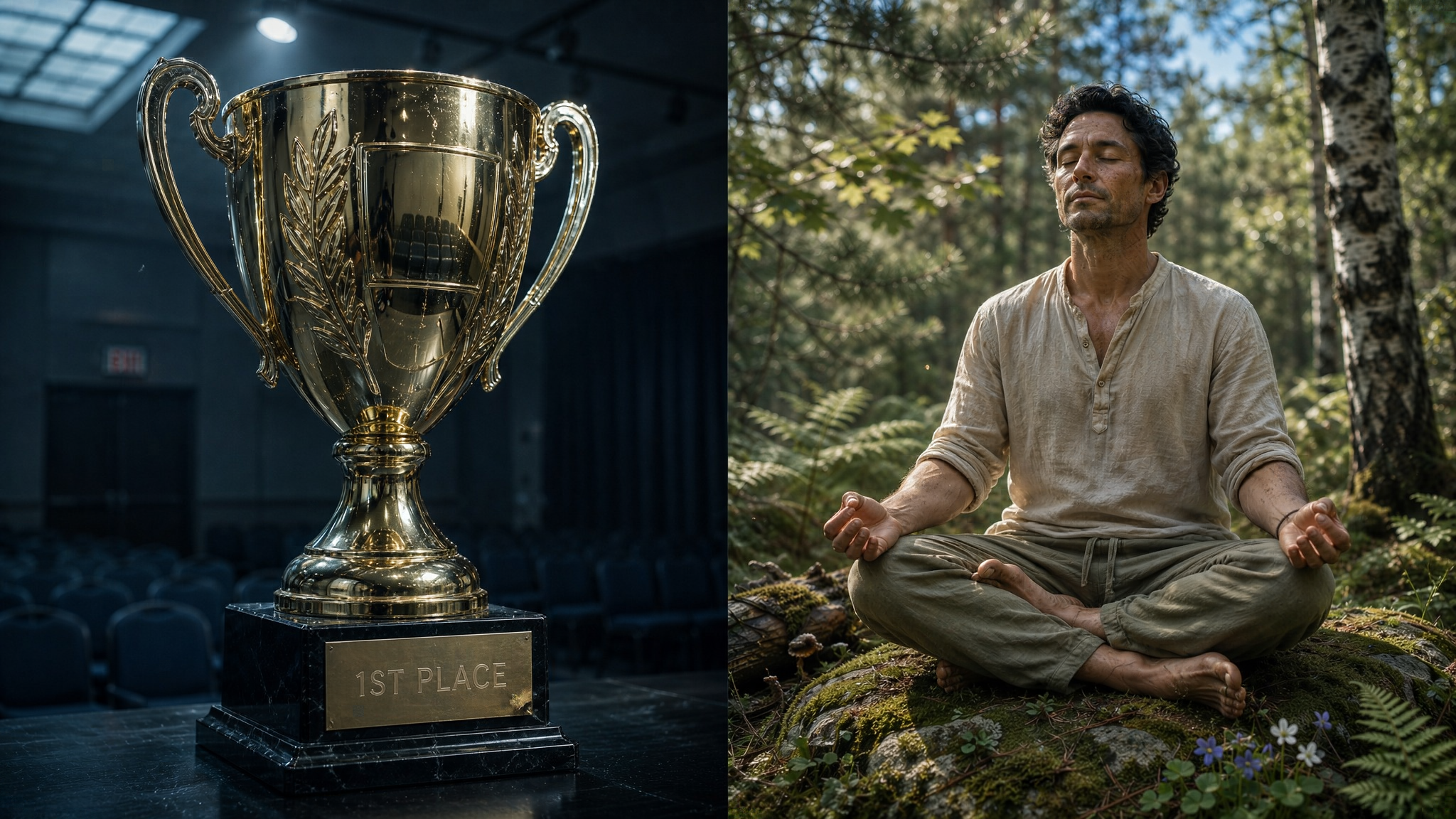 Contrast between external validation trophy and internal peace meditation. Contrast between external validation trophy and internal peace meditation.