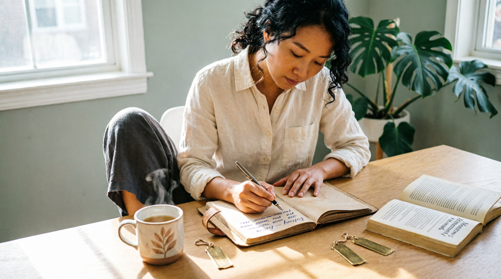 Person journaling in warm morning light to identify true needs. Person journaling in warm morning light to identify true needs.