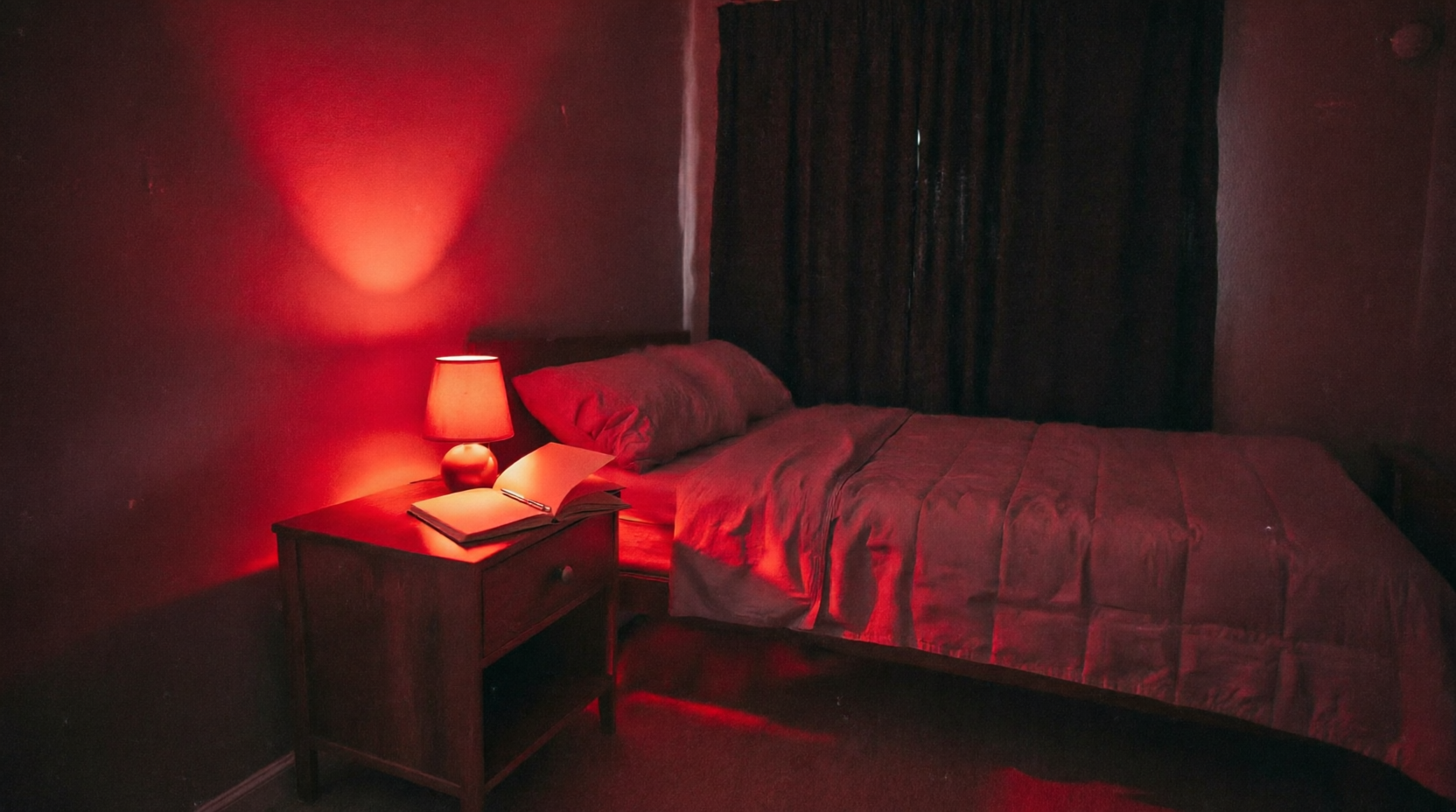 Optimized sleep environment with blackout curtains and red light for longevity Optimized sleep environment with blackout curtains and red light for longevity