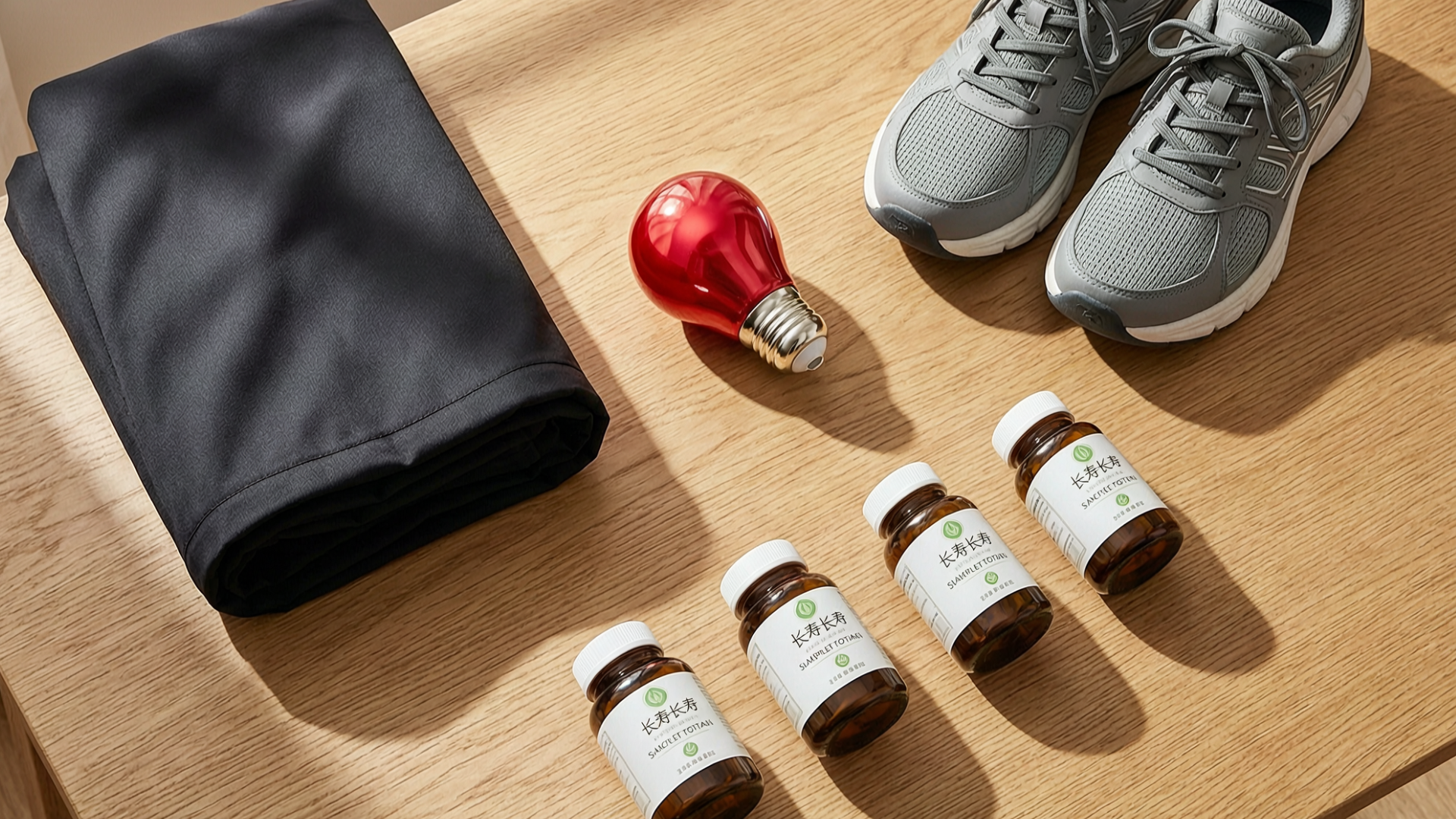 Simple affordable longevity tools and supplements arranged on table Simple affordable longevity tools and supplements arranged on table