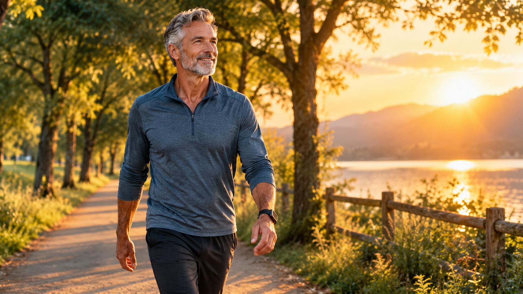 Active older adult walking outdoors demonstrating longevity lifestyle Active older adult walking outdoors demonstrating longevity lifestyle