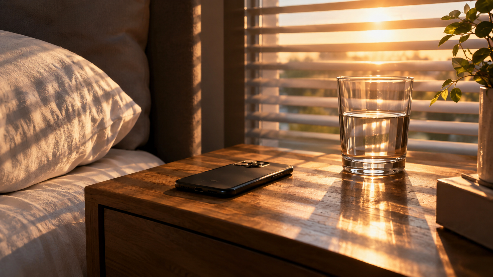Sunrise light falling on a face-down phone on a nightstand, representing a mindful morning before the scroll begins Sunrise light falling on a face-down phone on a nightstand, representing a mindful morning before the scroll begins