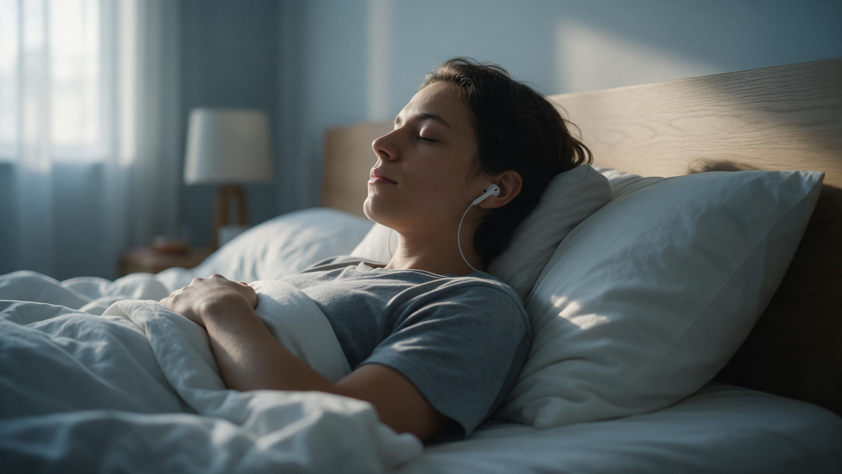 A person propped up peacefully in bed, early morning light, theta state visualization, earbuds in, calm and focused atmosphere for programming before being programmed A person propped up peacefully in bed, early morning light, theta state visualization, earbuds in, calm and focused atmosphere for programming before being programmed