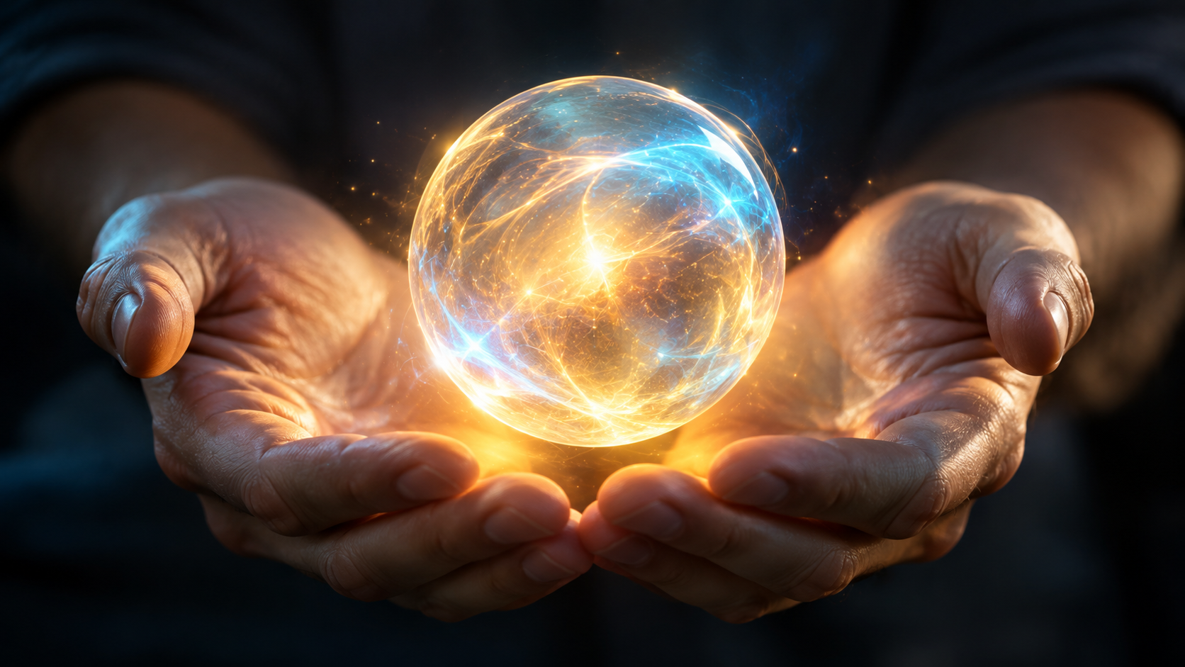 Hands gently holding a glowing sphere of intuitive energy.