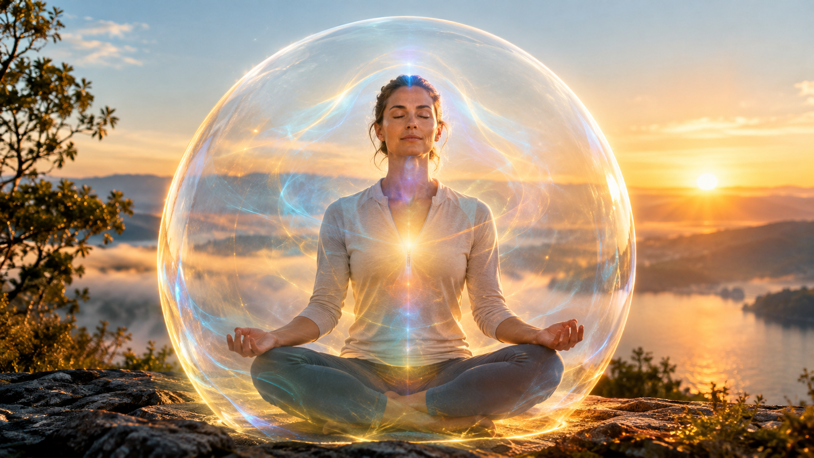 Person meditating with golden protective light aura at sunrise.