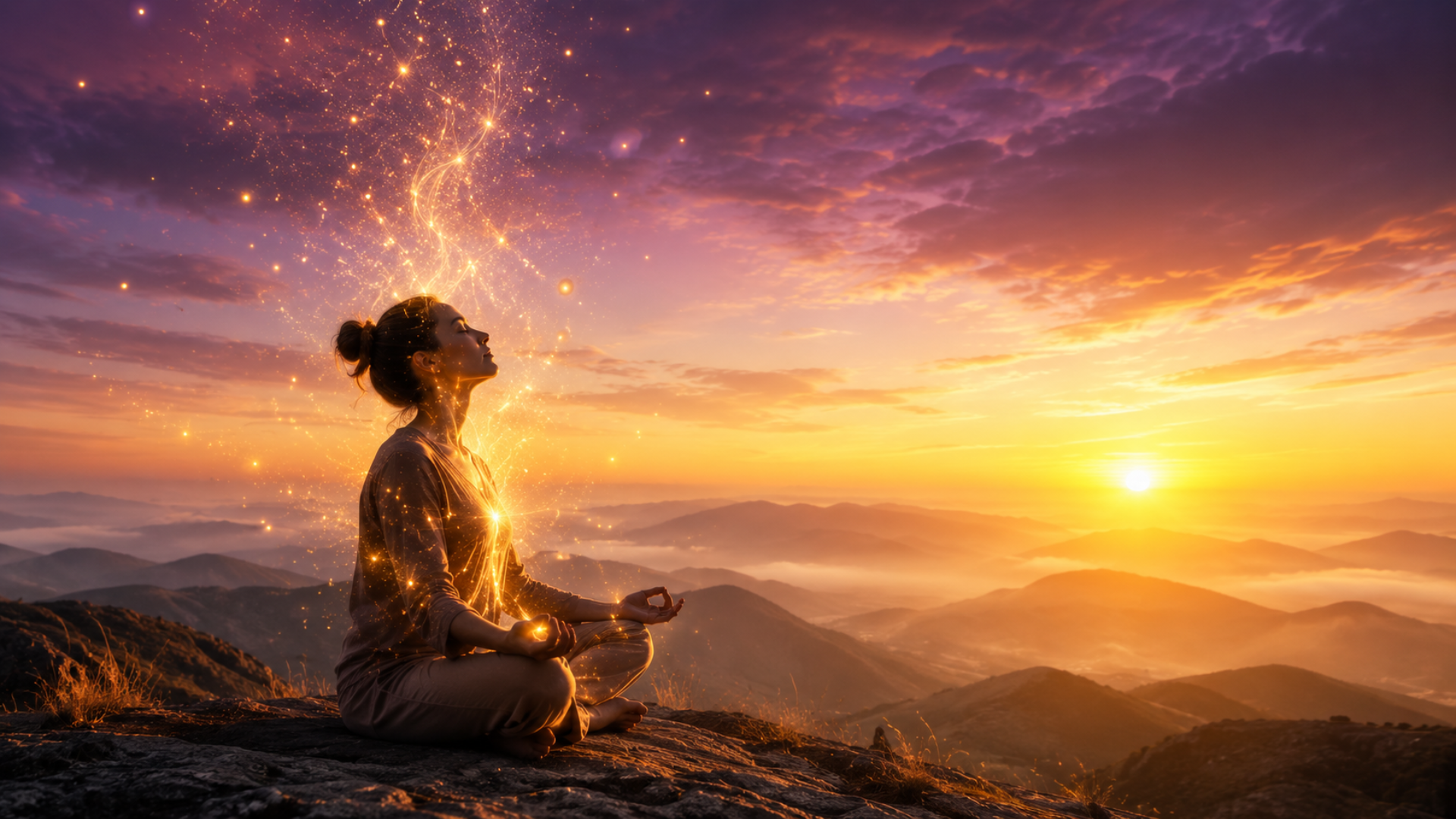 A person sitting peacefully in a meditation pose on a hilltop at dawn.  