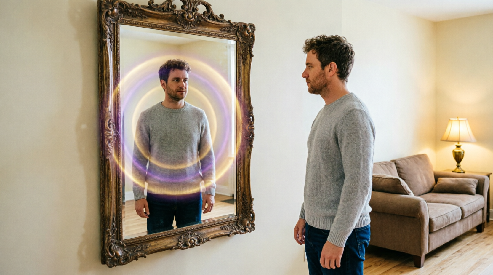 Person looking in a mirror seeing their radiant spiritual aura reflection.