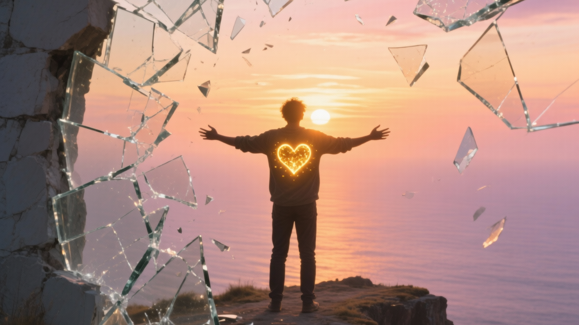 Person embracing freedom after releasing heart wall trapped emotions