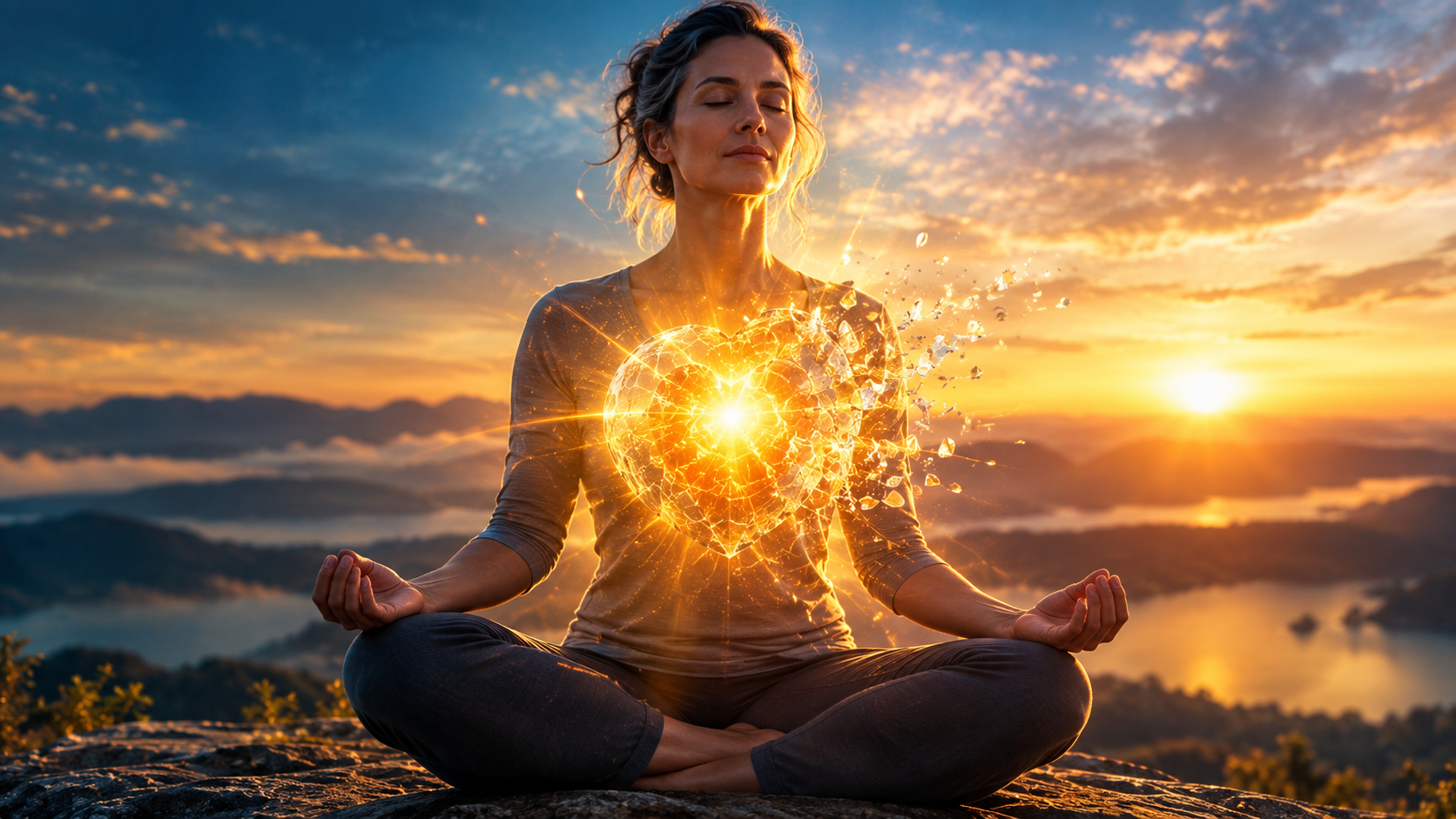 Person meditating at sunrise releasing trapped emotions and heart wall