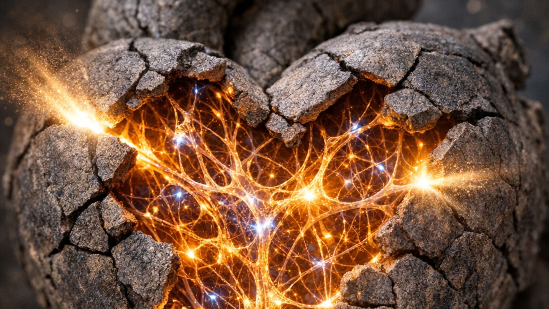 Glowing neural heart network breaking through a protective outer shell