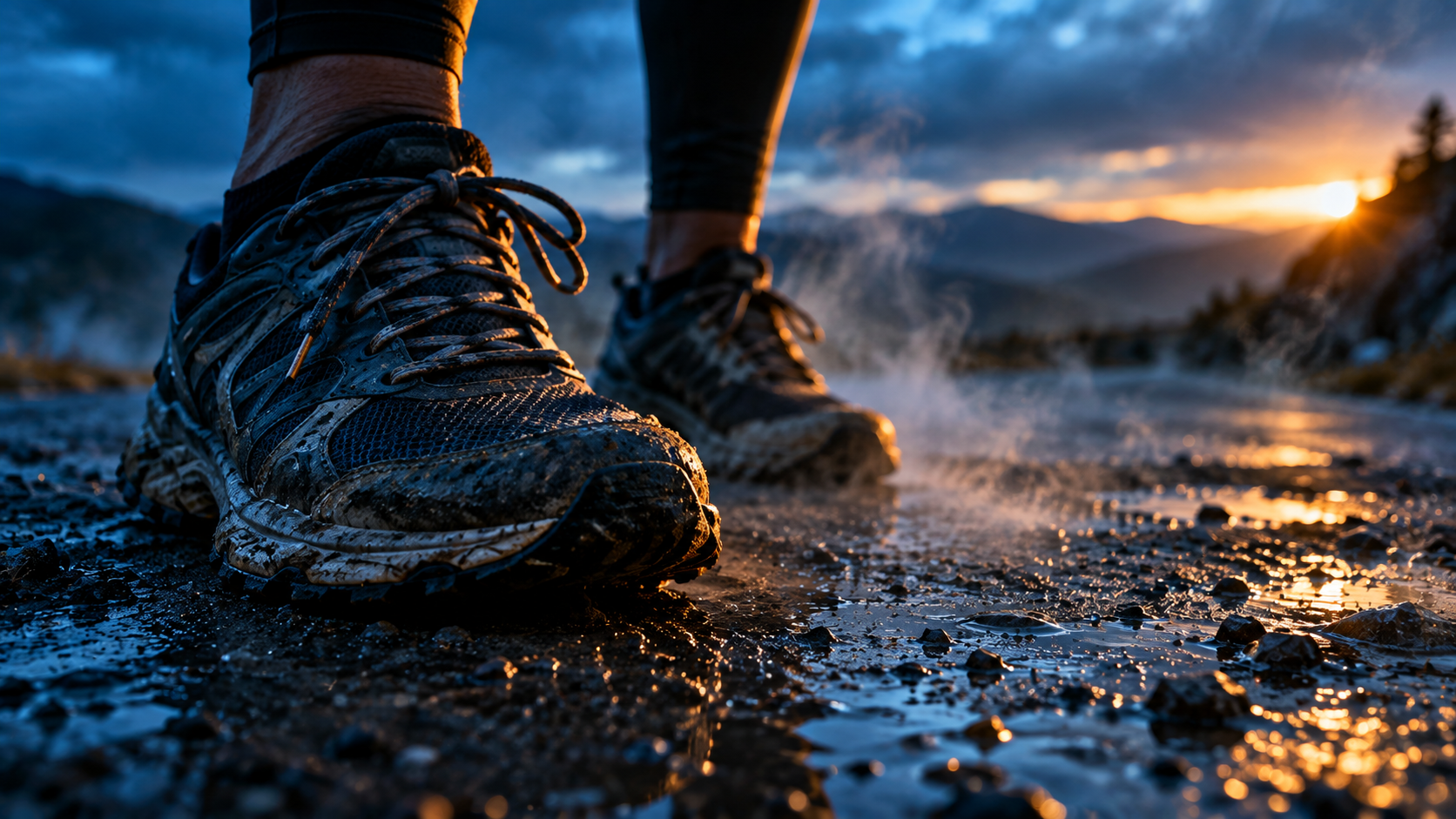 Worn running shoes on wet asphalt at dawn, representing daily effort and the grind. Worn running shoes on wet asphalt at dawn, representing daily effort and the grind.