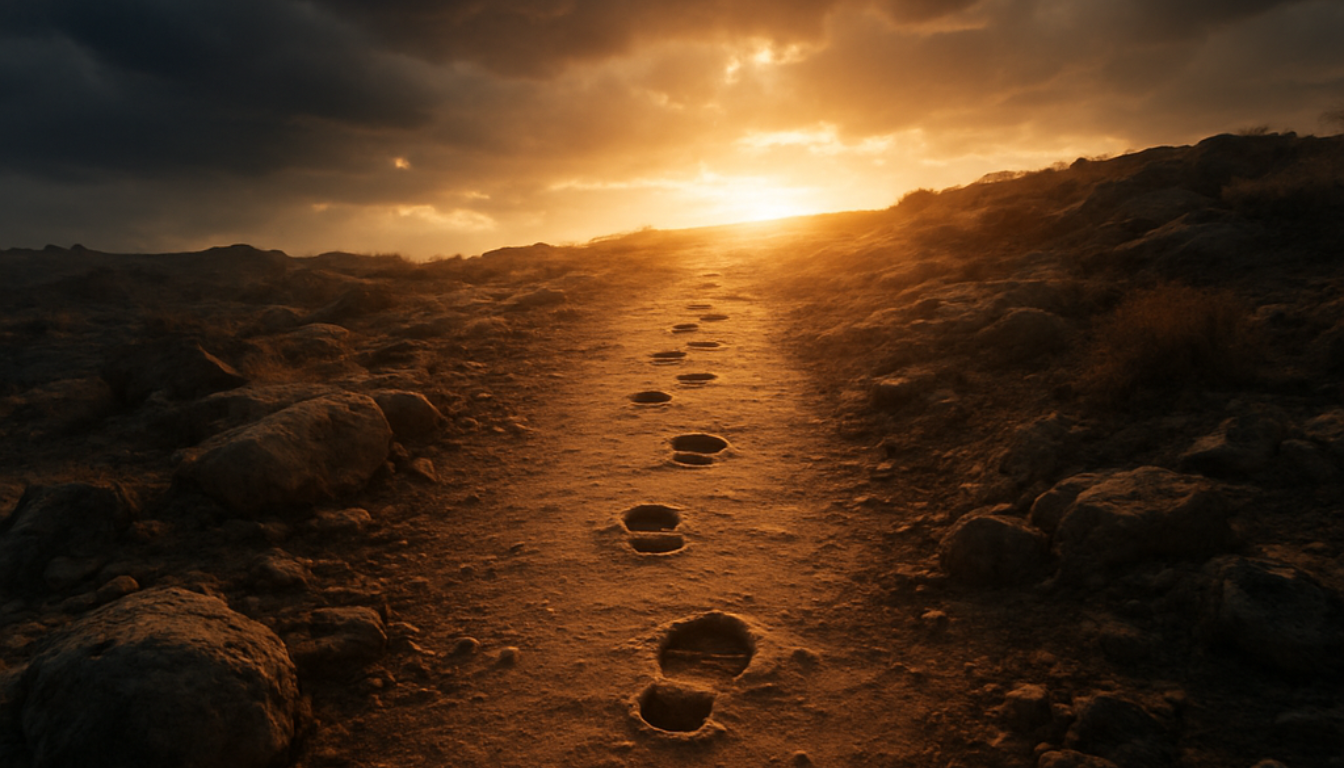 Footprints leading up a rugged trail toward a breaking dawn, symbolizing the next move. Footprints leading up a rugged trail toward a breaking dawn, symbolizing the next move.