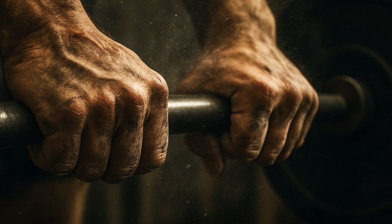 Calloused hands gripping a barbell, representing scars earned through sustained effort. Calloused hands gripping a barbell, representing scars earned through sustained effort.